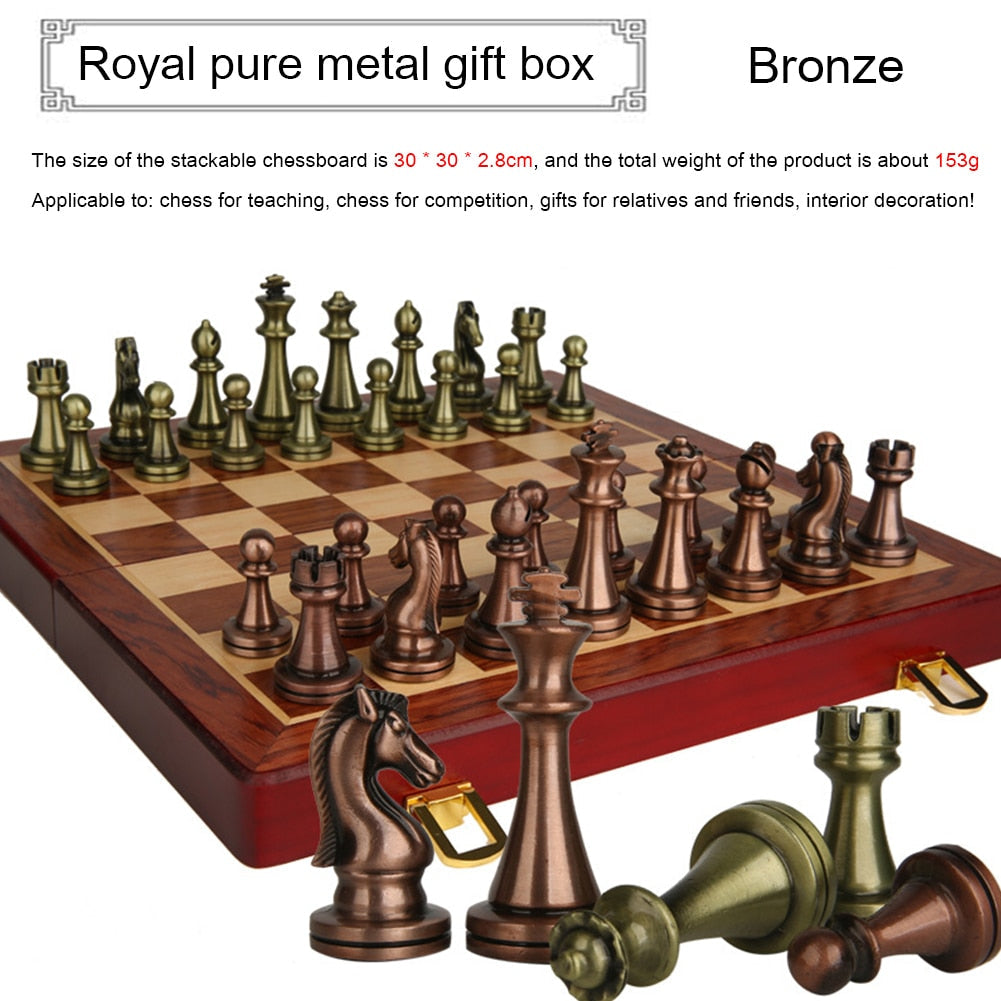 Luxury Chess Board with Metal Pieces and Wooden Box