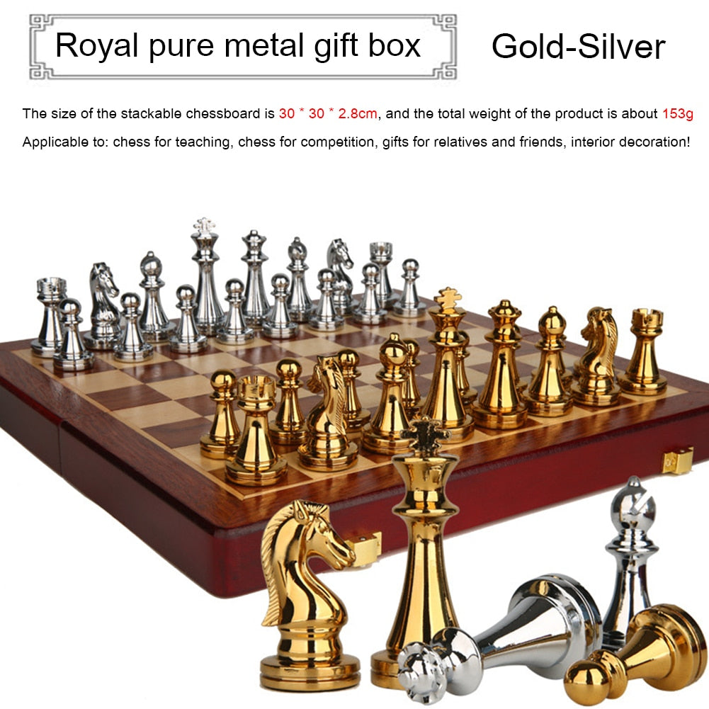 Luxury Chess Board with Metal Pieces and Wooden Box