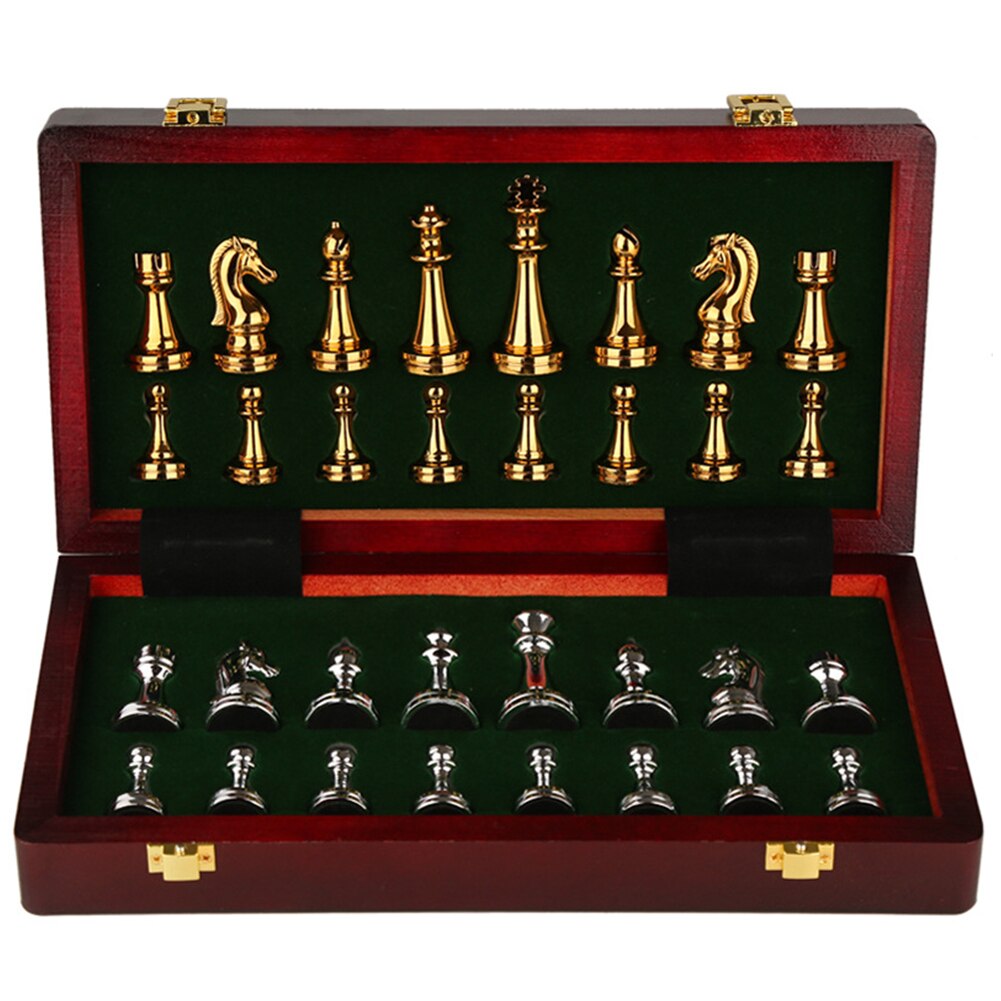 Luxury Chess Board with Metal Pieces and Wooden Box