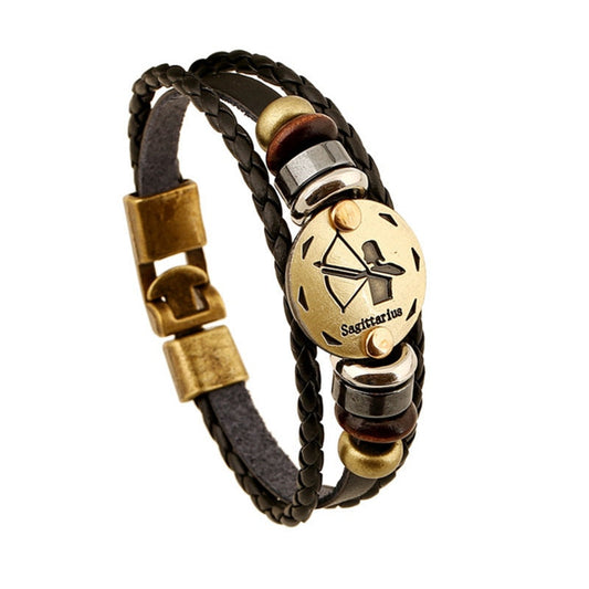 Leather Bracelet with 12 Zodiac Signs and Wooden Beads - Gitelle